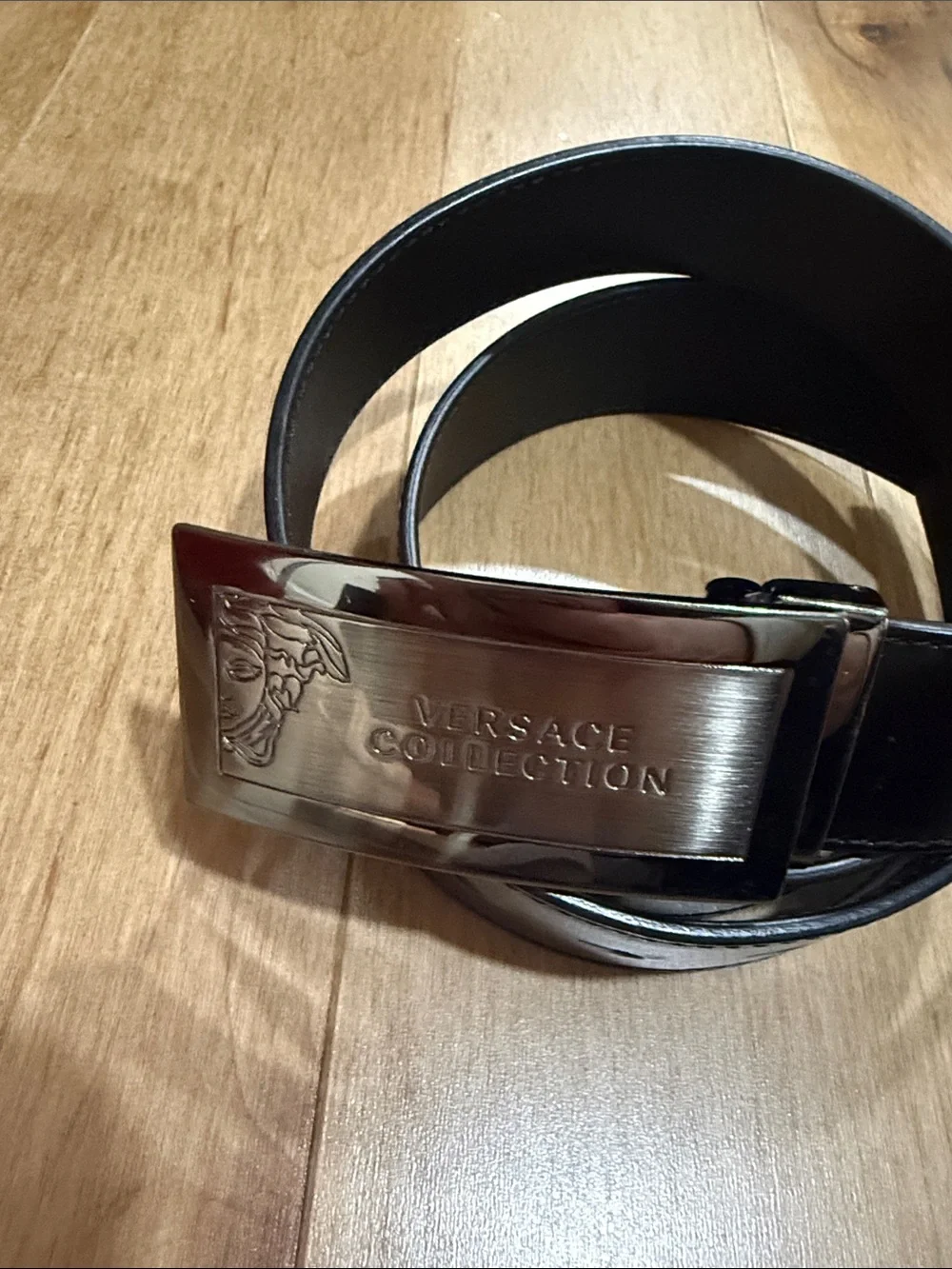 Versace Collection Black Leather Medusa Plaque Belt Size 34, 85/100